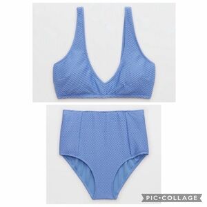 Aerie Blue Jacquard Voop Plunge Bikini Set